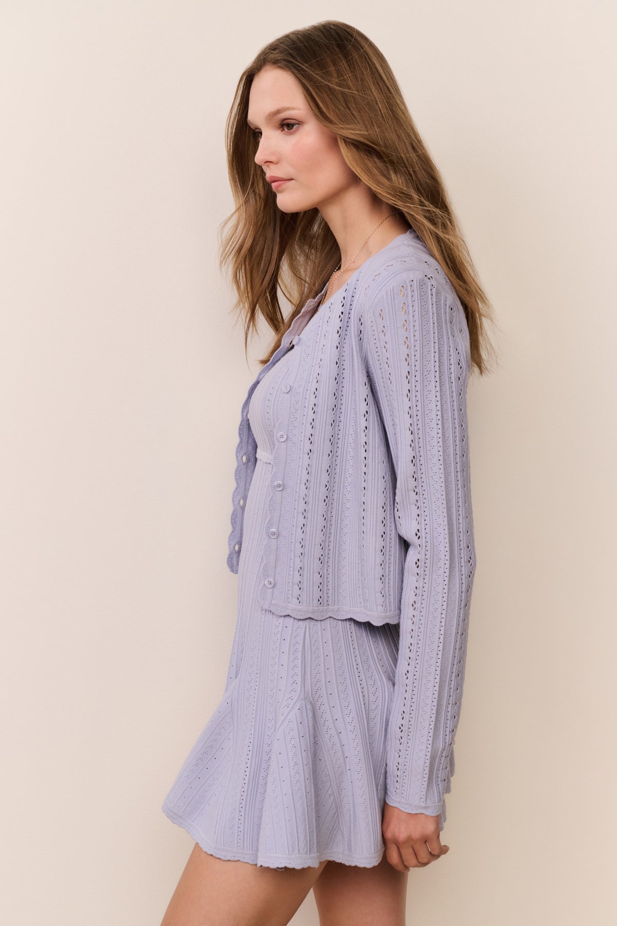 Light lavender stretch pointelle cardigan, front three-quarter view with buttons