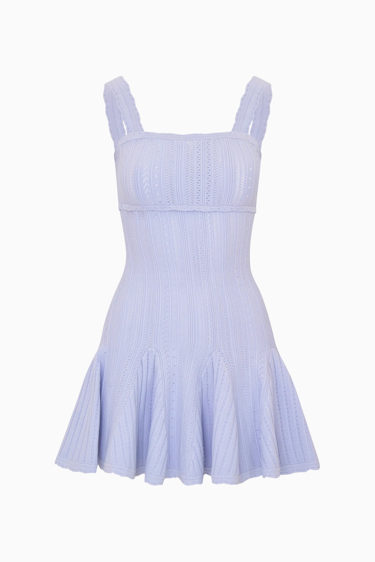 Lavender stretch pointelle mini dress with square neckline and spaghetti straps
