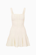Cream pointelle mini dress with square neck and sleeveless flared hem