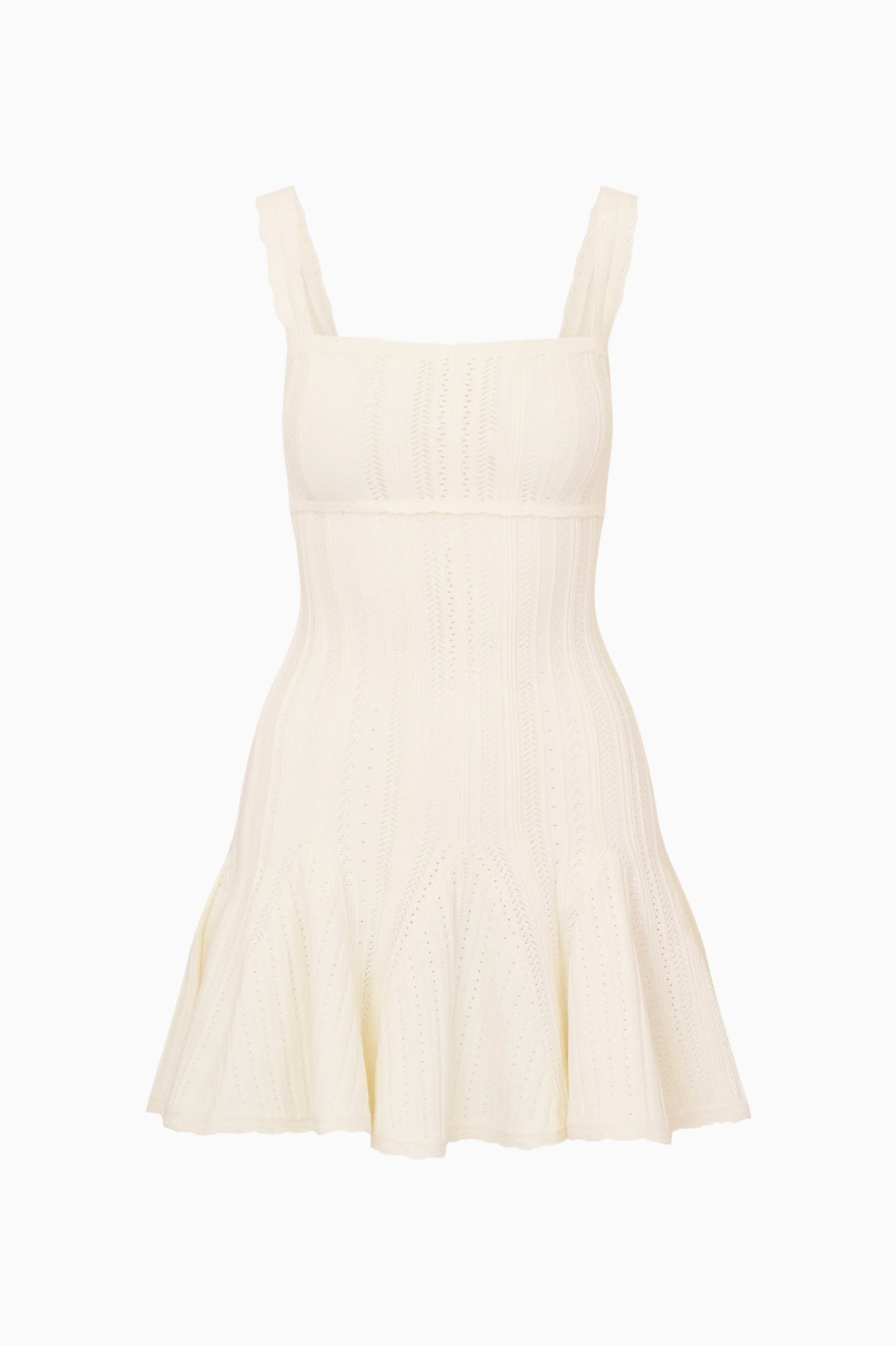 Cream pointelle mini dress with square neck and sleeveless flared hem