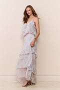 Floral chiffon maxi skirt, light blue with pink print, sleeveless-style tiered look