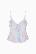 Light blue floral chiffon ruffle camisole top with spaghetti straps