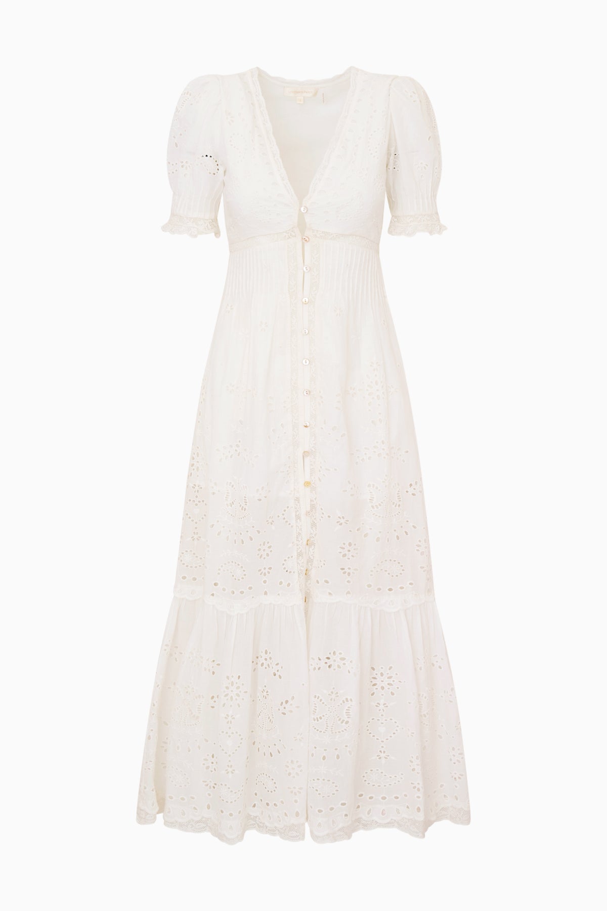 White cotton eyelet midi dress with puff sleeves and button-front, tiered hem
