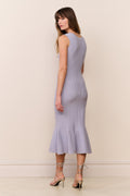 Lavender pointelle midi dress, sleeveless look, fitted waist and flared hem