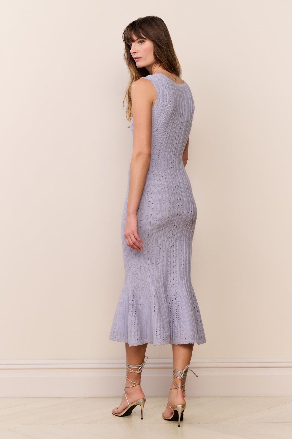 Lavender pointelle midi dress, sleeveless look, fitted waist and flared hem