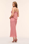 Blush pink silk Swiss dot skirt with ruffled waist and scalloped hem