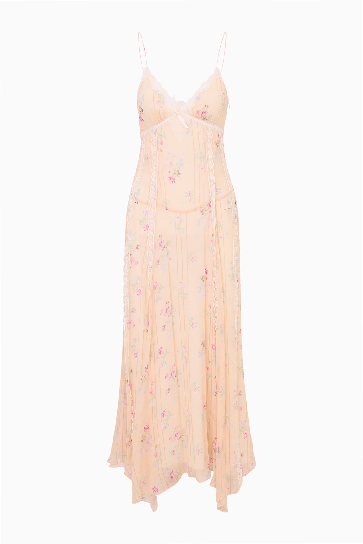 Floral print lace-trimmed silk slip dress with spaghetti straps and bow front