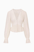 Silk lace blouse in pale stone, V-neck with lace trim and long puff sleeves