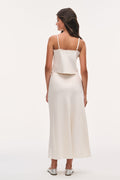 Ivory crepe maxi skirt, straight fit, with lace applique detail near hem