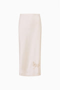 Ivory crepe maxi skirt with lace applique detail at lower front