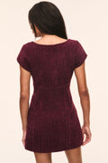 Back view: Bordeaux tweed mini dress with short sleeves and buttoned yoke