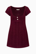 Bordeaux tweed mini dress flat lay, scoop neck, front buttons, short sleeves