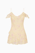 Floral chiffon mini dress, pale cream with ruffle tiers and spaghetti straps