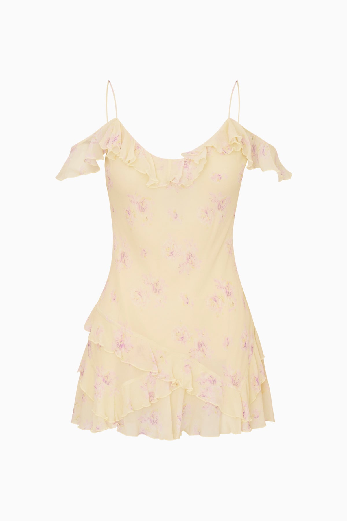 Floral chiffon mini dress, pale cream with ruffle tiers and spaghetti straps