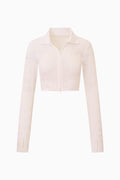 White eyelet zip-front active jacket with stand collar and long sleeves