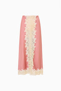 Blush satin maxi skirt with central lace panel and scalloped hem