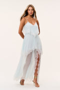 Light aqua silk chiffon maxi dress with V-neck, lace appliques, and layered ruffle hem.