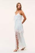 Light aqua maxi dress with lace trim panels, layered chiffon skirt, and spaghetti straps.