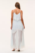 Light aqua silk chiffon maxi dress with open back straps, lace hem, and layered ruffle skirt.