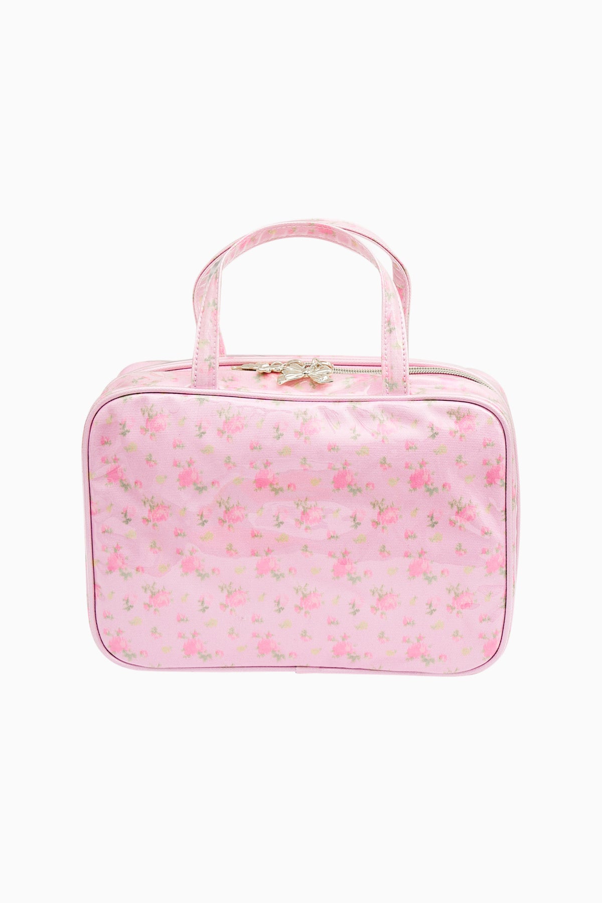 Pink floral print travel box with top handle and gold clasp