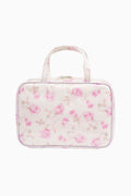 Pink floral print travel box with gold clasp and clear front panel