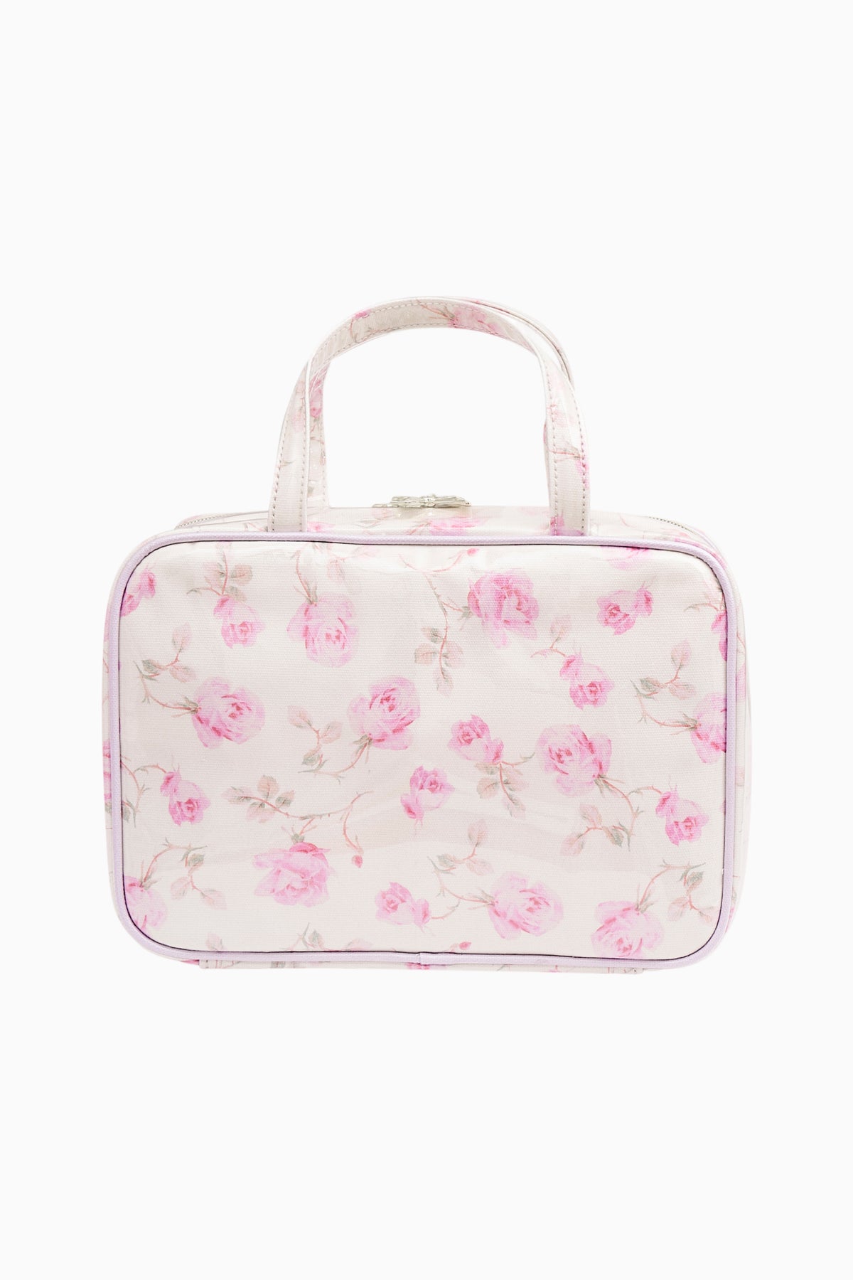 Pink floral print travel box with gold clasp and clear front panel