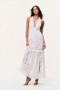 Optic white halter maxi dress with eyelet lace panels and tiered ruffle hem
