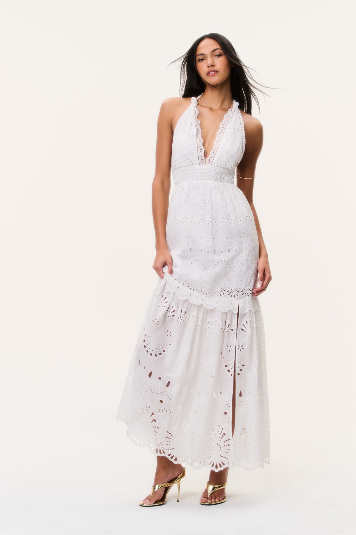 Optic white halter maxi dress with eyelet lace panels and tiered ruffle hem