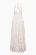 Optic white eyelet halter maxi dress with tiered lace hem and scalloped edges