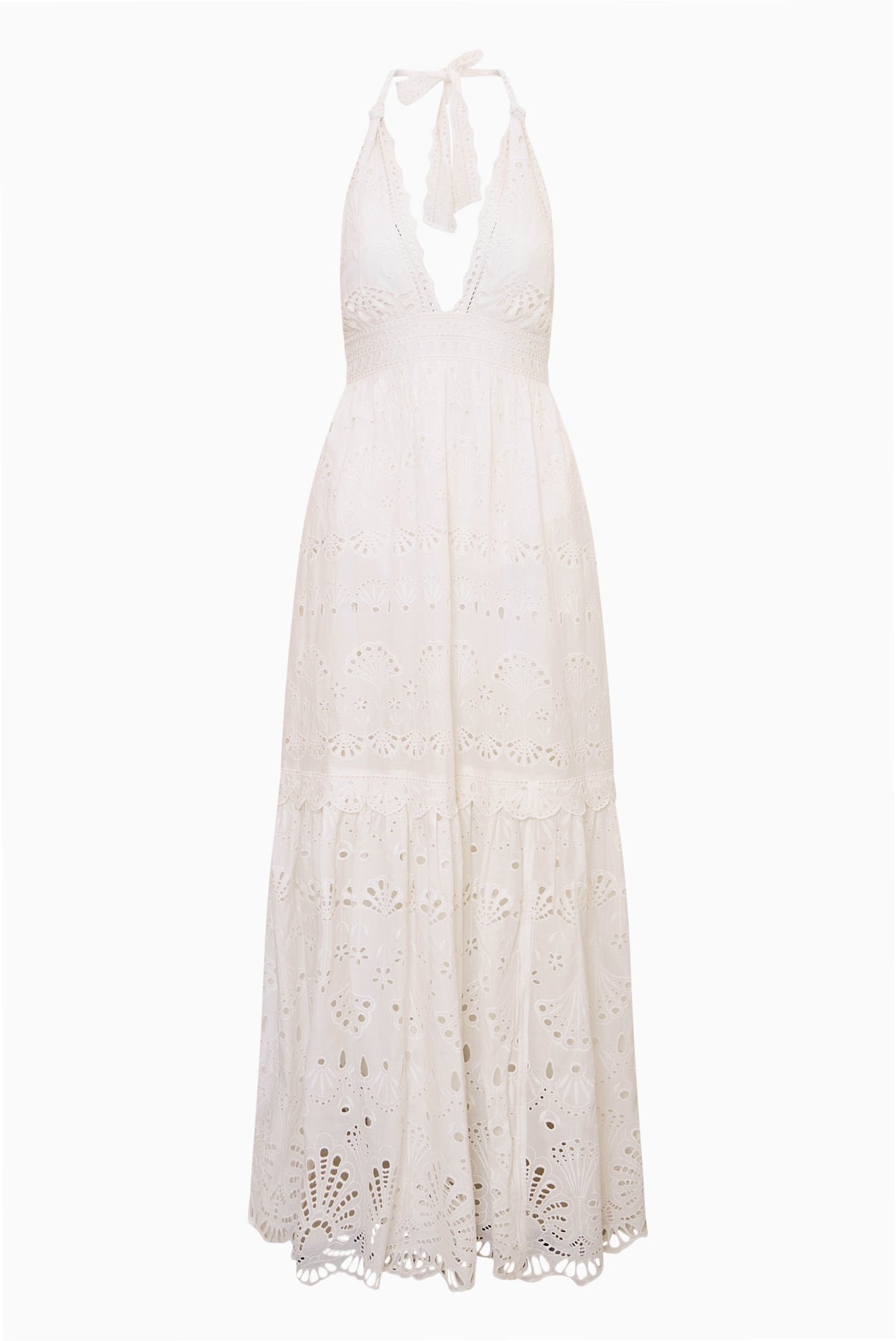 Optic white eyelet halter maxi dress with tiered lace hem and scalloped edges