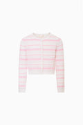 Tween crochet cardigan, pink-and-white horizontal stripe, button-front, long sleeves