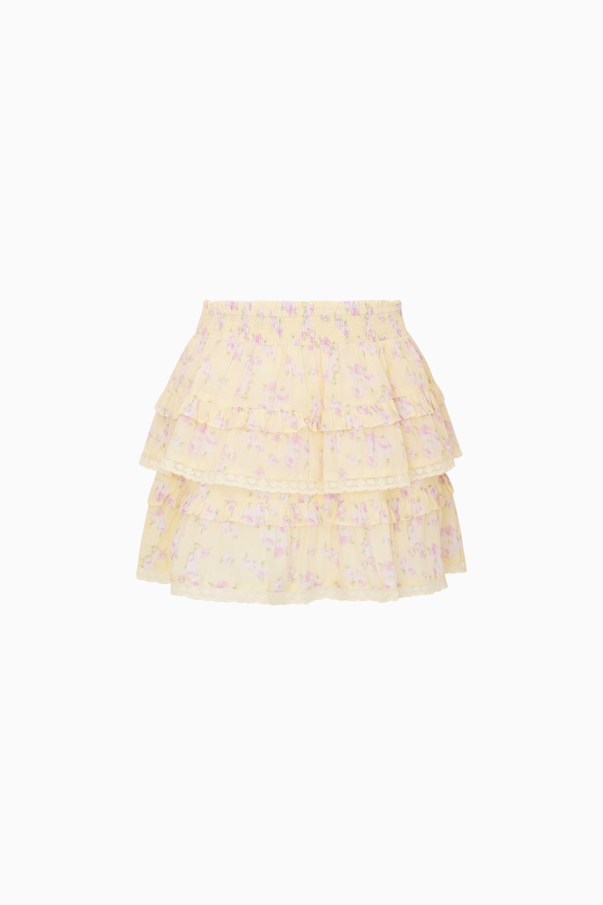 Lemon-yellow tiered ruffle skirt with small floral print