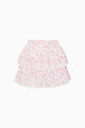 Pink floral tiered ruffle skirt with layered, peplum-style tiers