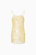 Pale lemon sequin cami dress with spaghetti straps and short above-knee hem