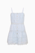 Blue tween mini dress flat lay with spaghetti straps and button-front tiered layers