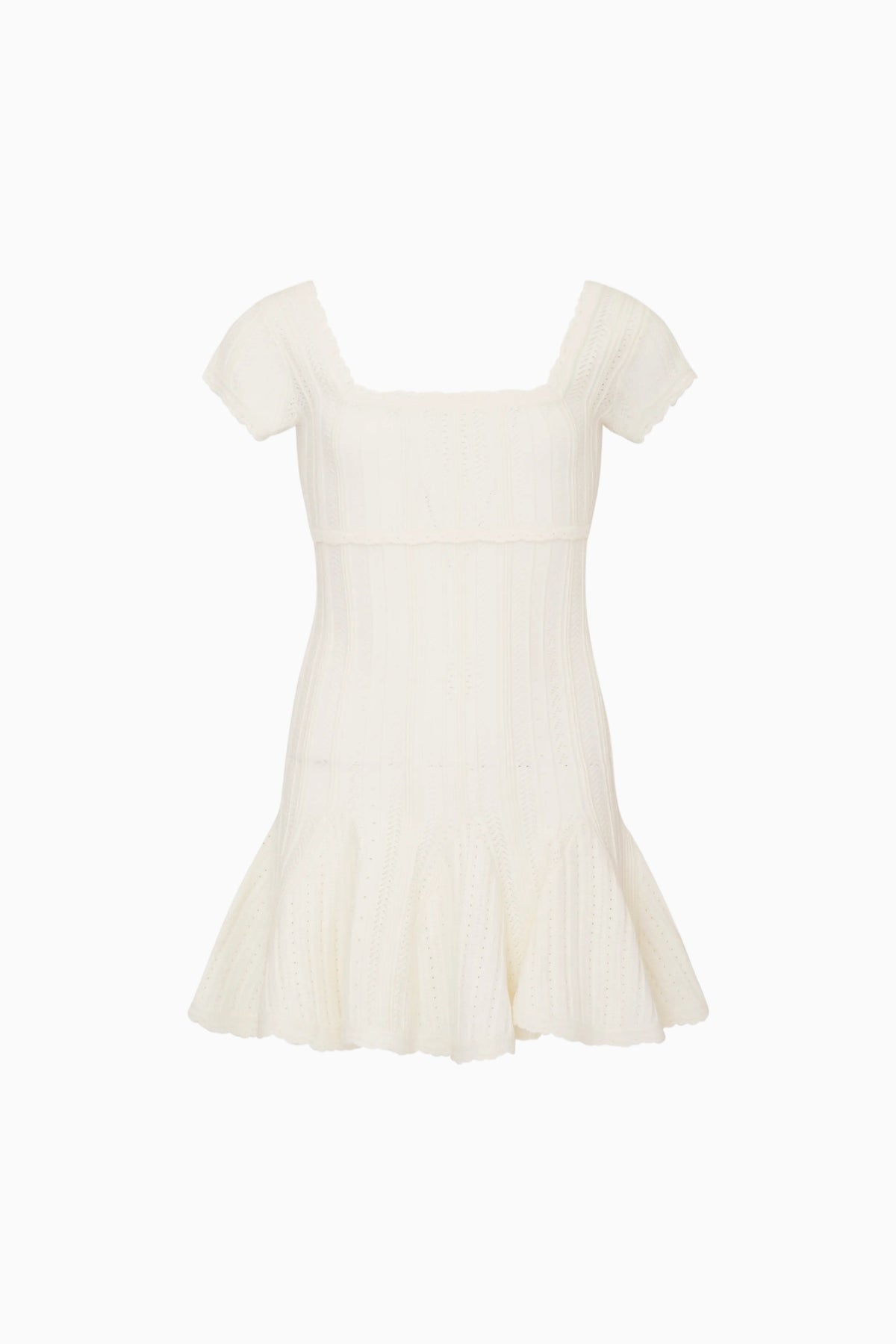 Tween pointelle stretch dress in white with square neck and short puff sleeves