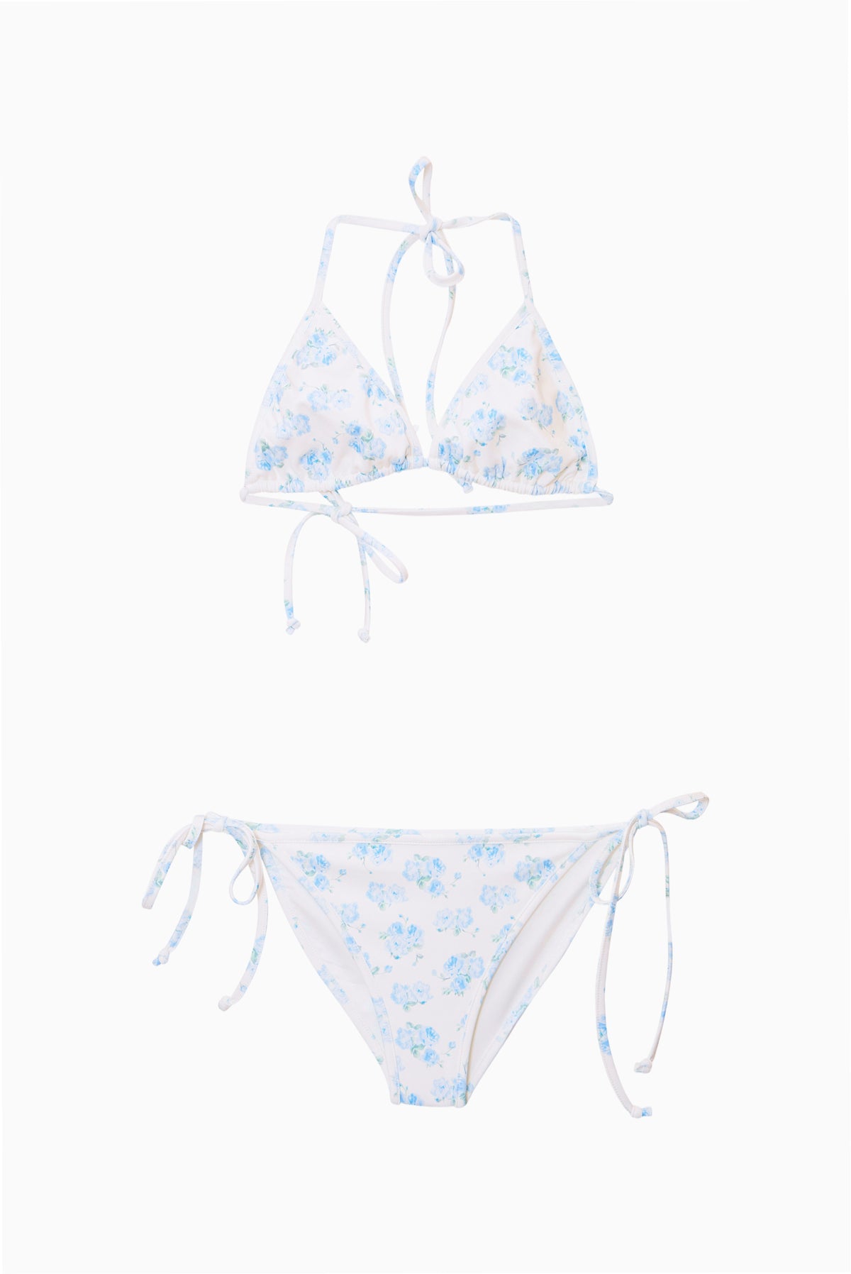 Girls' light blue floral triangle bikini with halter ties and side-tie bottoms