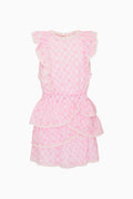 Pink sweetheart tiered dress with cap sleeves and lattice texture