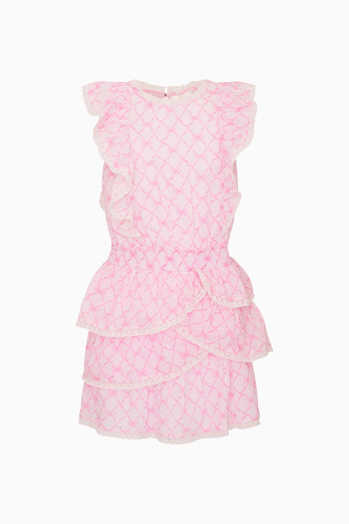 Pink sweetheart tiered dress with cap sleeves and lattice texture