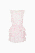 Pink floral ruffle dress against a white background