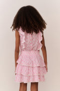 Pink lattice tiered dress with cap sleeves and ruffle hem (back view)