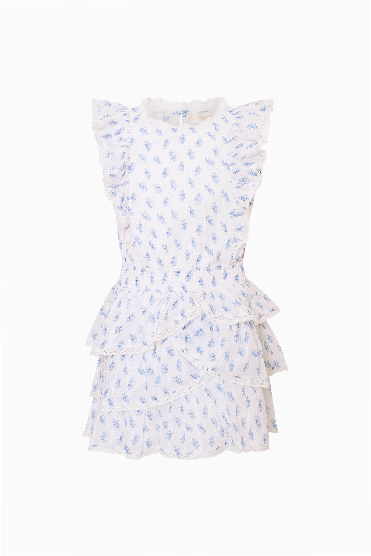 Tween girls ruffle dress in light blue with small print, sleeveless tiered skirt