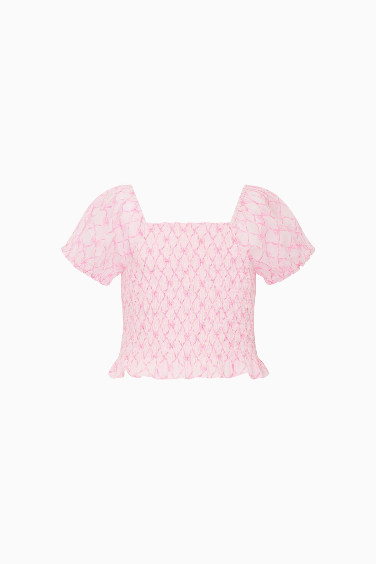 Pink short-sleeve top with lattice pattern and ruffled tiered hem