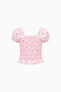 Tween rose-pink puff-sleeve ruffle top, front view