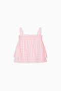 Pink gingham ruffle cami top with spaghetti straps and tiered hem