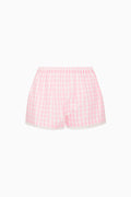 Pink and white gingham tween shorts, elastic waistband and ruffle hem