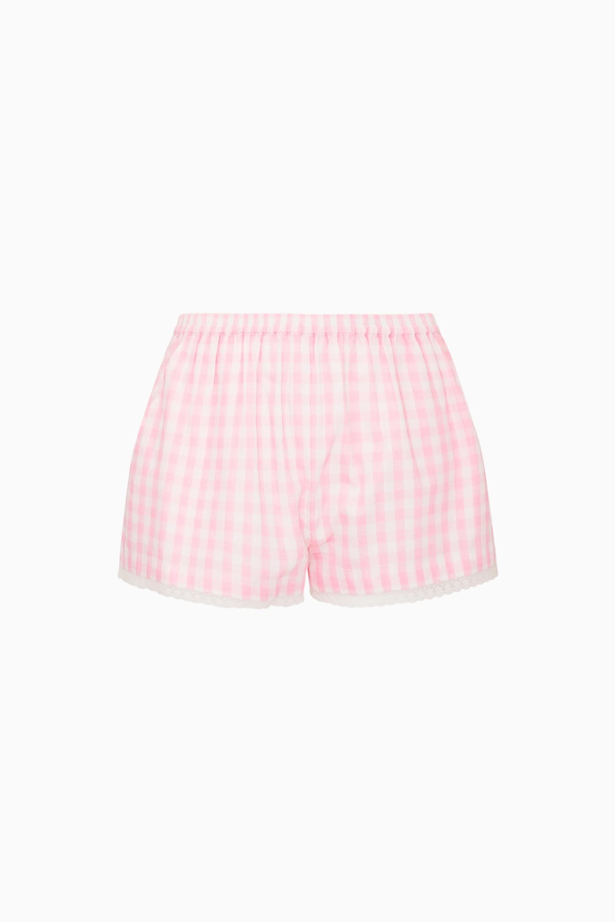 Pink and white gingham tween shorts, elastic waistband and ruffle hem
