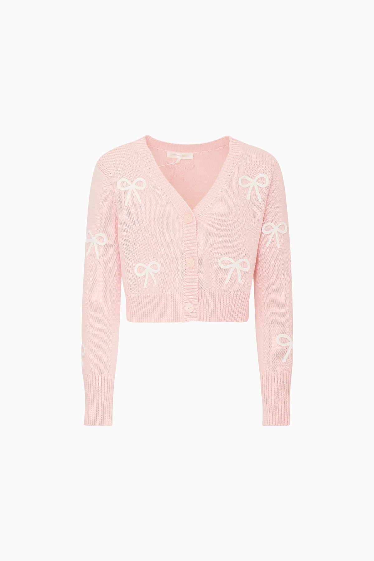 Pink knit cardigan for tweens, bow embroidery, button-front V-neck, long sleeves