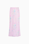 Light pink floral maxi skirt with airy drape and allover pastel blooms