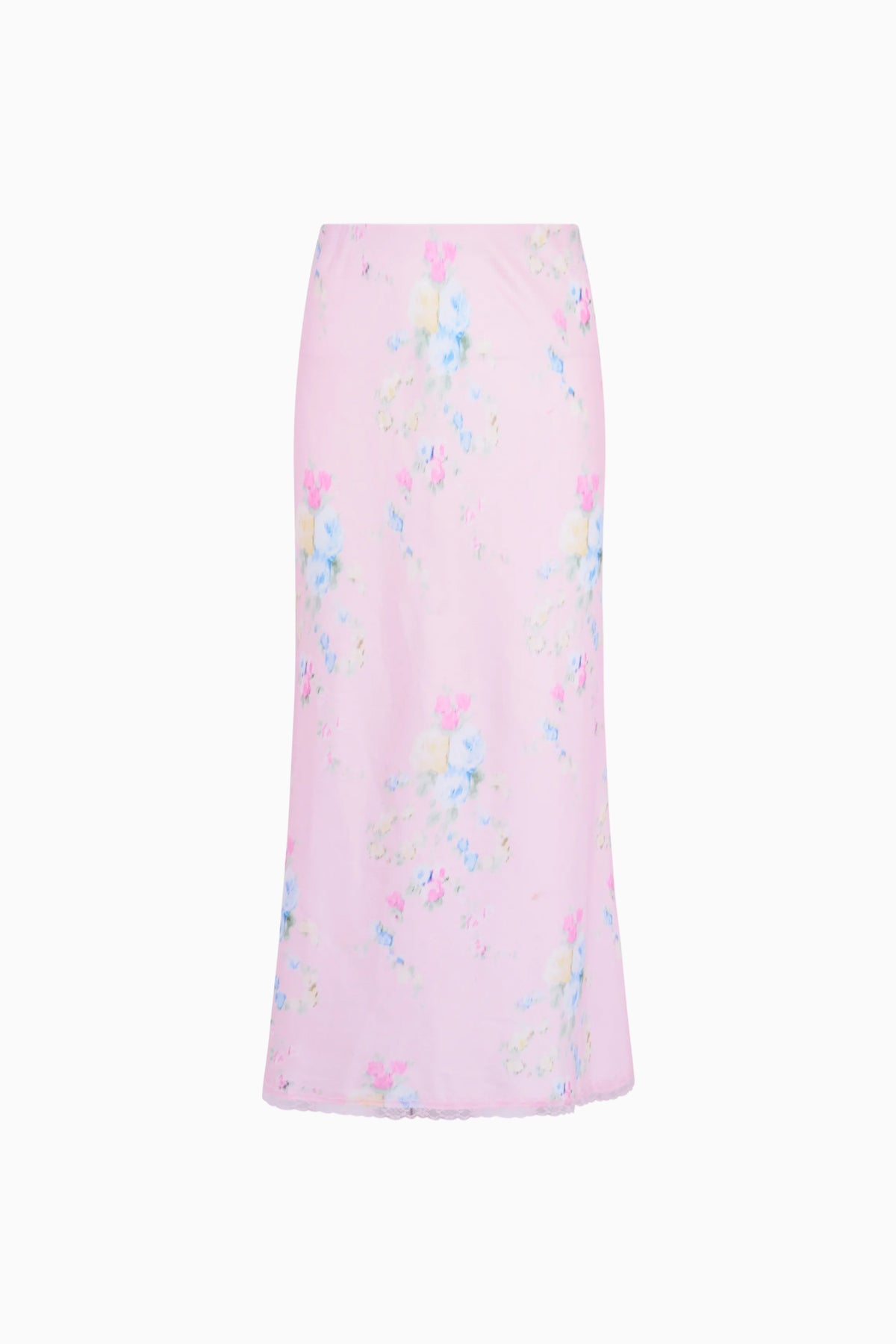 Light pink floral maxi skirt with airy drape and allover pastel blooms